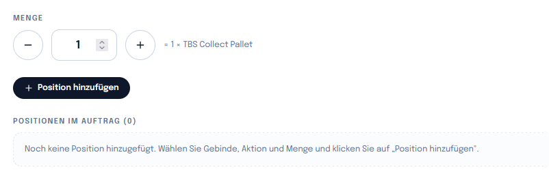 Mengenauswahl mit Plus- und Minus-Schaltflächen sowie dem Button „Position hinzufügen“