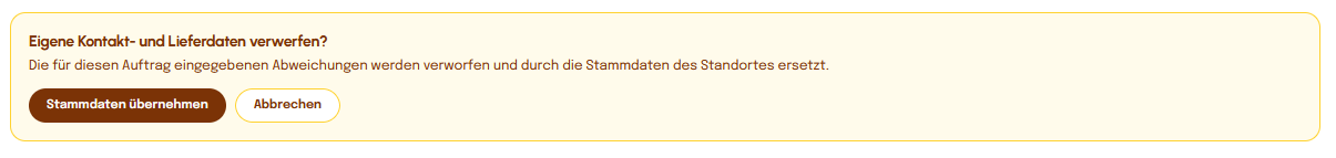 Sicherheitsabfrage „Eigene Kontakt- und Lieferdaten verwerfen?“ mit den Schaltflächen Stammdaten übernehmen und Abbrechen