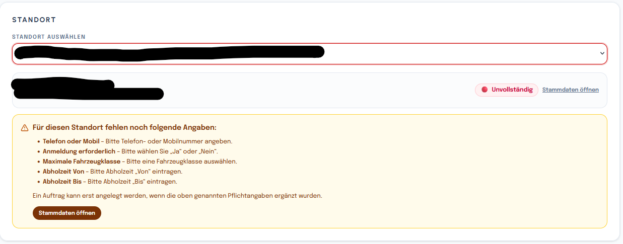Hinweisbereich mit der Kennzeichnung „Unvollständig“ und der Auflistung fehlender Pflichtangaben