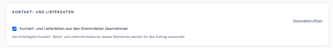 Bereich „Kontakt- und Lieferdaten“ mit gesetztem Haken zur Übernahme aus den Stammdaten