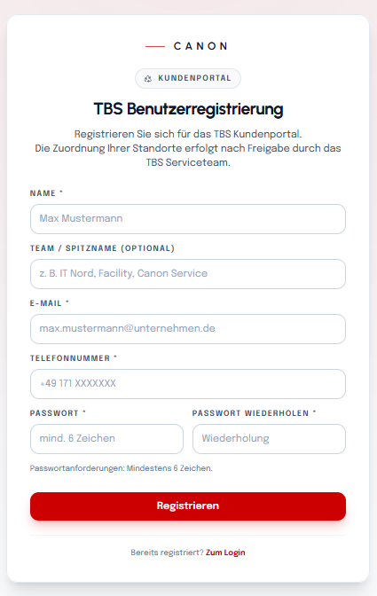 Registrierungsseite „TBS Benutzerregistrierung“ mit den Feldern Name, Team/Spitzname, E-Mail, Telefonnummer und Passwort