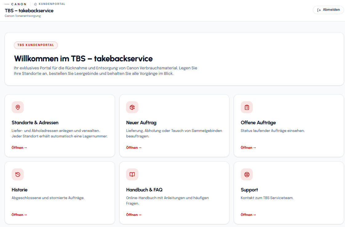 Dashboard des TBS Kundenportals mit den Kacheln Standorte & Adressen, Neuer Auftrag, Offene Aufträge, Historie, Handbuch & FAQ und Support