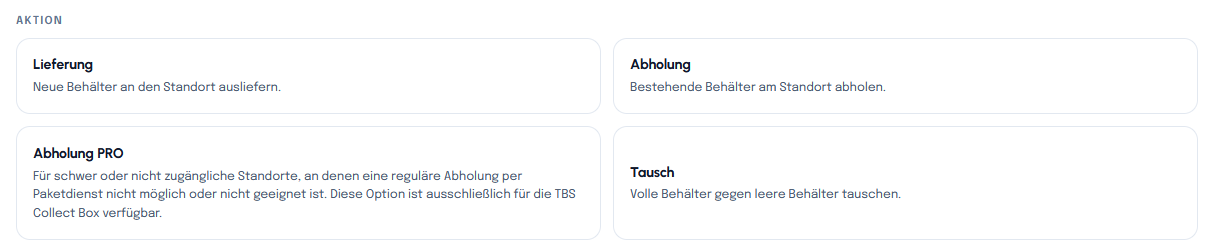 Auswahl der Aktionen Lieferung, Abholung, Abholung PRO und Tausch