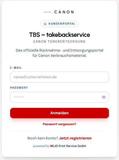 Login-Seite des TBS Kundenportals mit den Feldern E-Mail und Passwort sowie dem Button „Anmelden“
