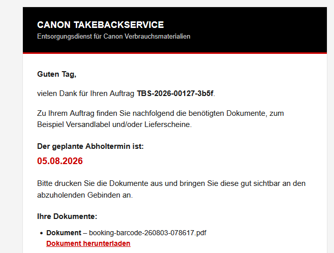 Beispiel einer E-Mail mit geplantem Abholtermin und Downloadlink für die Auftragsdokumente