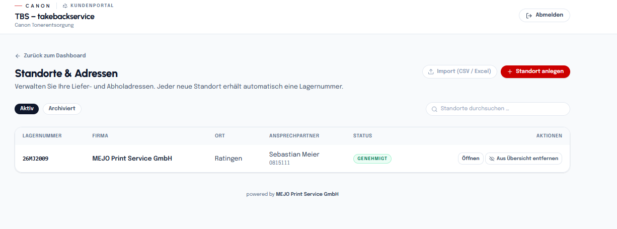 Seite „Standorte & Adressen“ mit Standortübersicht, Suchfeld, den Registern Aktiv und Archiviert sowie den Buttons Import und Standort anlegen