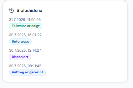 Statushistorie eines Auftrags mit Zeitstempeln und den Status Auftrag eingereicht, Disponiert, Unterwegs und Teilweise erledigt