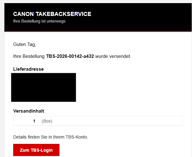 Beispiel einer Versandbenachrichtigung per E-Mail mit Lieferadresse und Versandinhalt